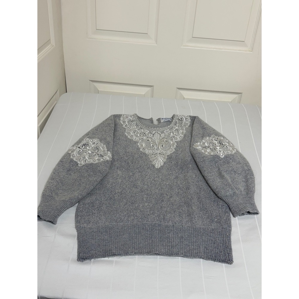 Vintage World Fashion Poko Gray Angora Blend Lace Applique Sweater Size L